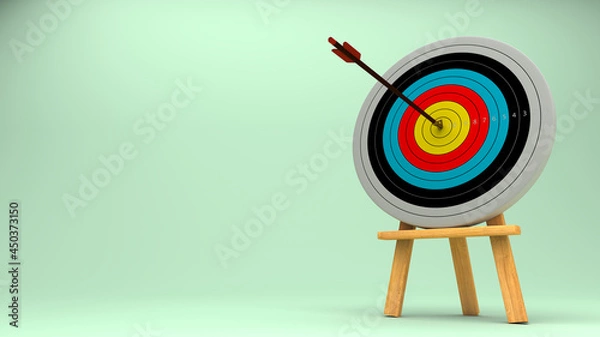Fototapeta Bow from archery shoot to center point of dart on wood stand.Sport pastel conceptual with 3d realistic rendering. 