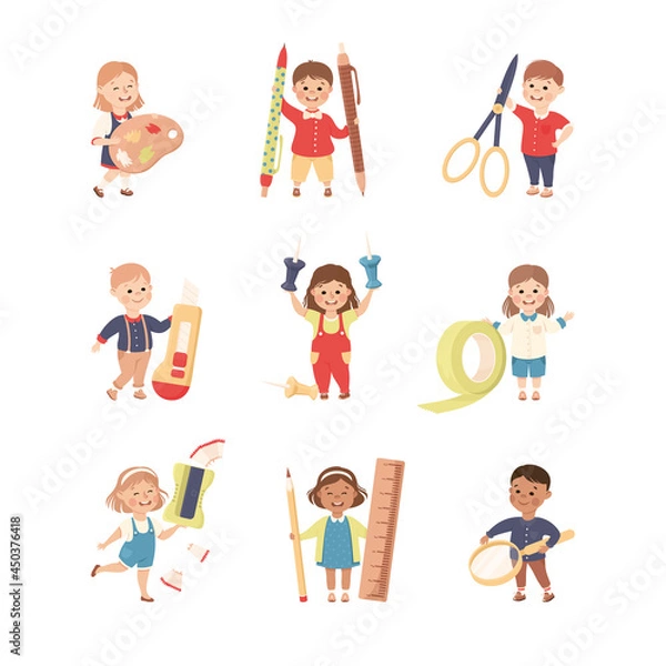 Fototapeta Cute Children with Huge School Stationery Like Palette and Scissors Vector Set