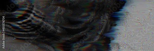 Fototapeta Monochrome background with interlaced digital glitch and distortion effect. Futuristic cyberpunk design. Retro futurism, web punk, rave DJ techno aesthetic neon colors layout