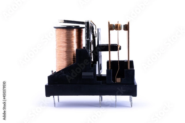Fototapeta Electromagnetic relay isolated on white background, opened without cover