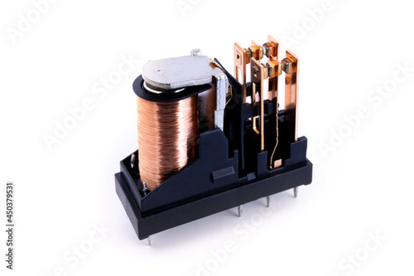 Fototapeta Electromagnetic relay isolated on white background, opened without cover with visible contacts