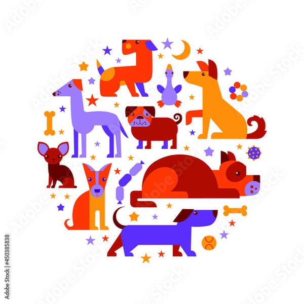 Fototapeta vector set of different dogs. dog toys and accessories. isolated on white background
