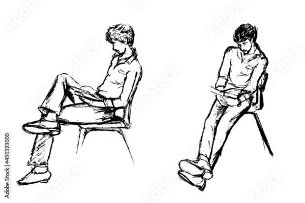 Fototapeta Vector set of two black and white sketches. A guy in clothes sits on a chair and reads.