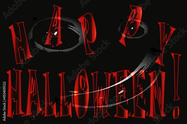 Fototapeta Vector Halloween poster with red words "Happy Halloween!" and a gray ghost on a black background.
