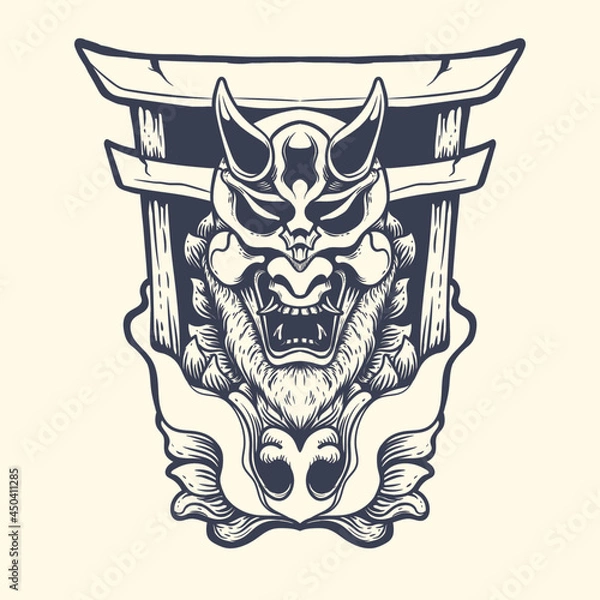 Obraz Oni with japanese hell gate inking illustration Premium Vector
