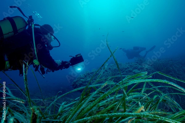 Fototapeta two divers having fun with underwater photography at tabarca island. It's at the mediterranean coast of Alicante, Spain