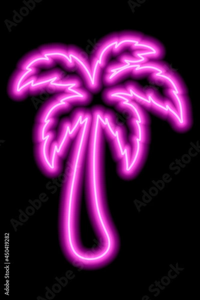 Fototapeta Pink neon outline of palm tree on a black background. Rest, travel, vacation. Icon illustration