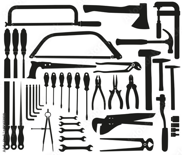 Fototapeta Vector set of hand tools as black silhouettes on white background. Hammer, screwdriver, pliers, clamp, saw, chisel