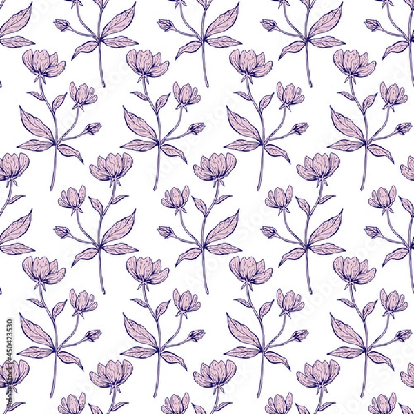 Fototapeta Floral seamless pattern. Beautiful botanical repeat texture with branches, leaves and flowers for print, fabric, textile, wallpaper in soft colors. Hand drawn ink illustration in line art style.