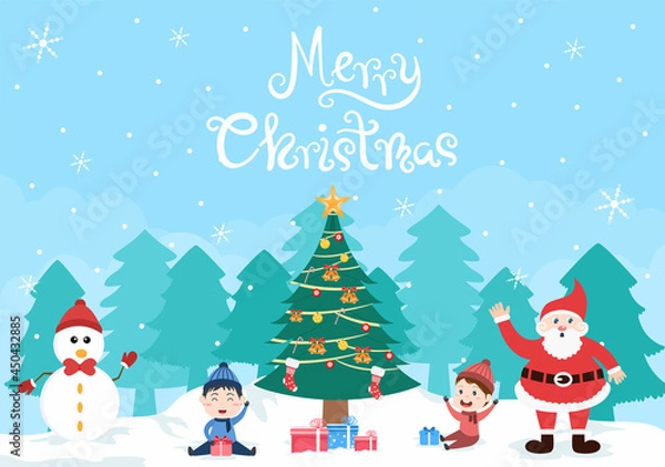Fototapeta Happy Celebrating Christmas Day With Kids and Snowman, The Decoration Tree And Some Gift. Background Vector Illustration