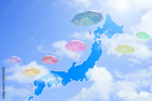 Obraz 天気予報/気象/晴れた空に浮かぶカラフルな傘と日本地図/日本列島/アンブレラスカイ