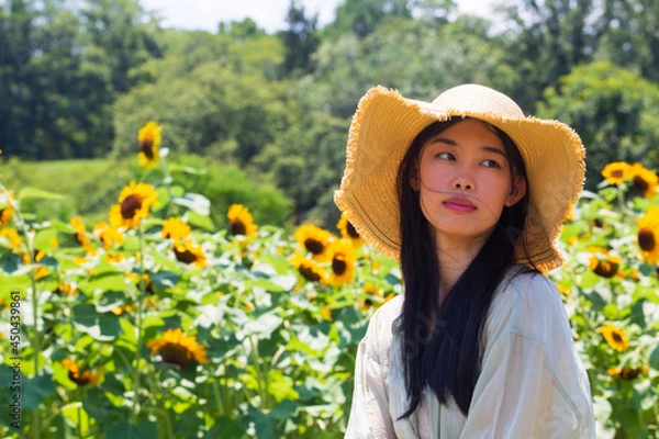 Fototapeta 夏イメージ　ひまわりと女性