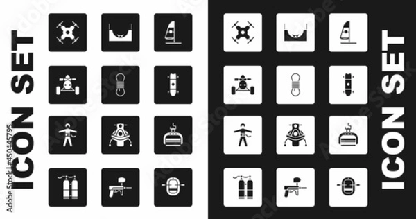 Fototapeta Set Windsurfing, Climber rope, ATV motorcycle, Drone flying, Longboard skateboard, Skate park, Ski lift and Bungee jumping icon. Vector