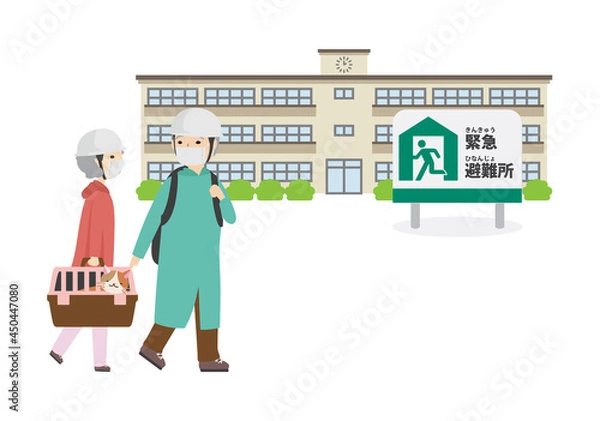 Obraz ペットと一緒に避難所に向かっている高齢夫婦
