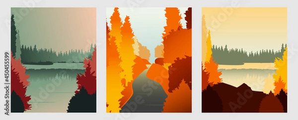 Fototapeta Collection of autumn river landscapes for banner, web site, social media. Editable vector illustration with beautuful fall scenery, orange and yellow trees in forest