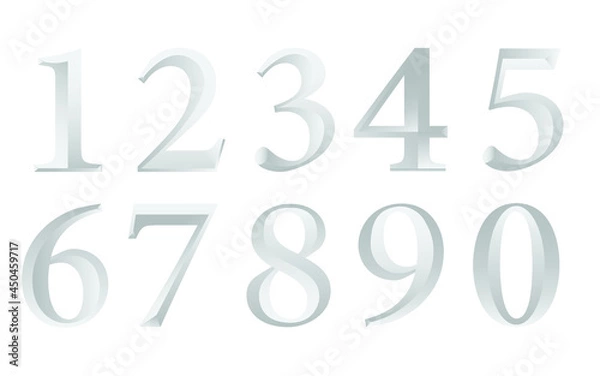 Obraz Silver Numbers Set from 0 to 9 in 3D Style Vector Isolated on White Background.