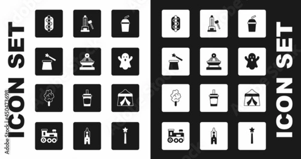 Fototapeta Set Paper glass with water, Boat swing, Magic hat and wand, Hotdog sandwich, Ghost, Striker attraction hammer, Circus tent and Cotton candy icon. Vector