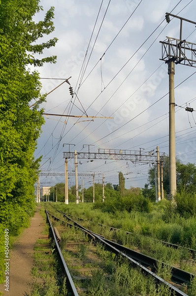 Fototapeta Kazakhstan railway against the backdrop of greenery