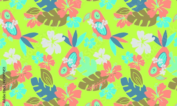 Fototapeta Jungle, tropical, forest, paradise, botanical, seamless pattern, bird 