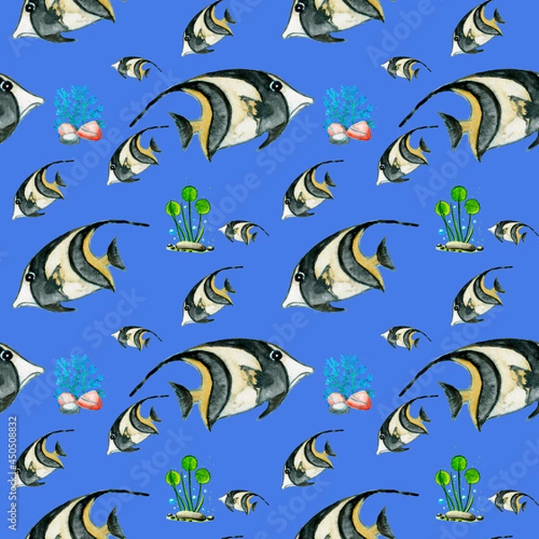 Fototapeta Watercolor seamless pattern of marine life, fish, Watercolor marine seamless pattern.Sea background Sea life. Hand-drawn Animals, Plants, a lighthouse, Ship navigation equipment.Fish, jar, aquarium.