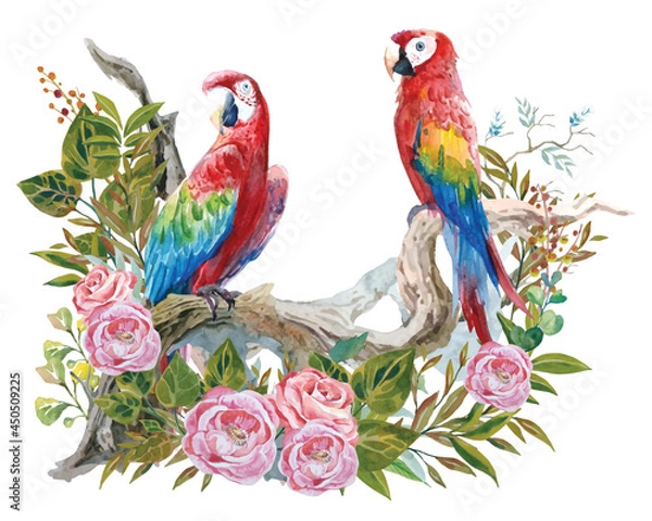 Fototapeta Watercolor painting of a pair of colorful parrots on curved branches decorated with retro-style leaves, branches and flowers. 