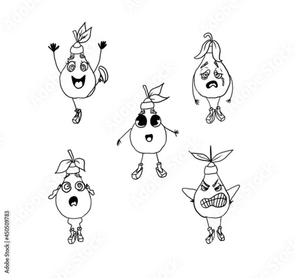 Fototapeta linear drawing of a cartoon pear with different emotions.
