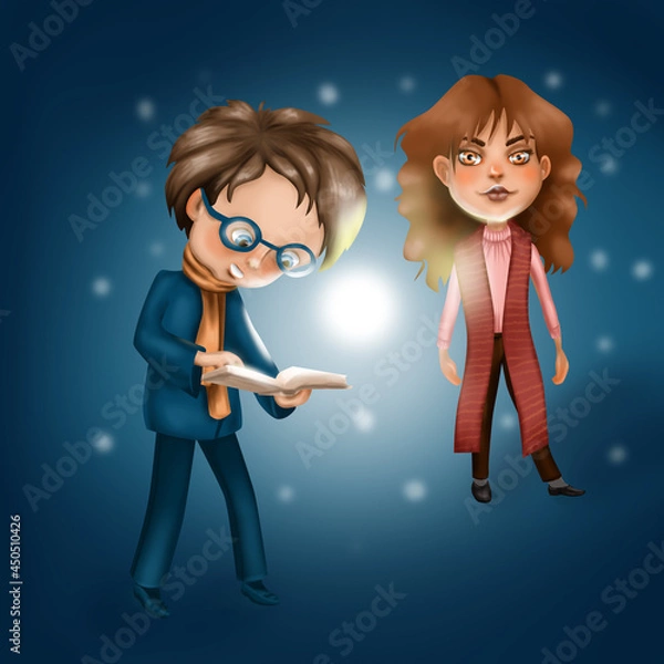 Fototapeta cartun illustration. The happy boy is fascinated by the book, and reads it aloud to the girl. They are surrounded by a magical glow.