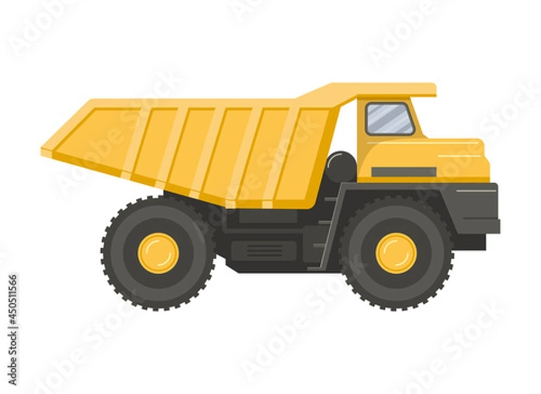 Fototapeta Yellow dump truck isolated on white transparent background. Symbol of cargo delivery and transportation during constuction works. Side view of a hopper.