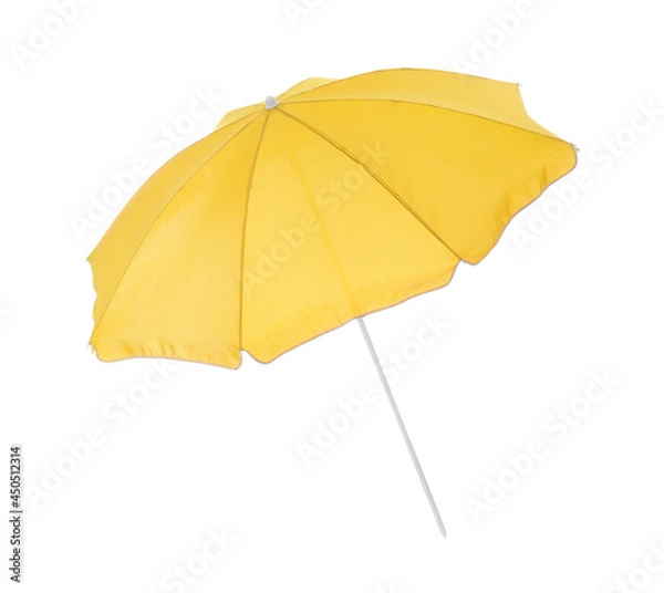 Fototapeta Open yellow beach umbrella isolated on white