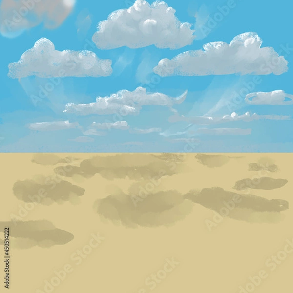 Fototapeta clouds in the blue sky in the perspective cast a shadow on the yellow grass. Painted landscape with space for text
