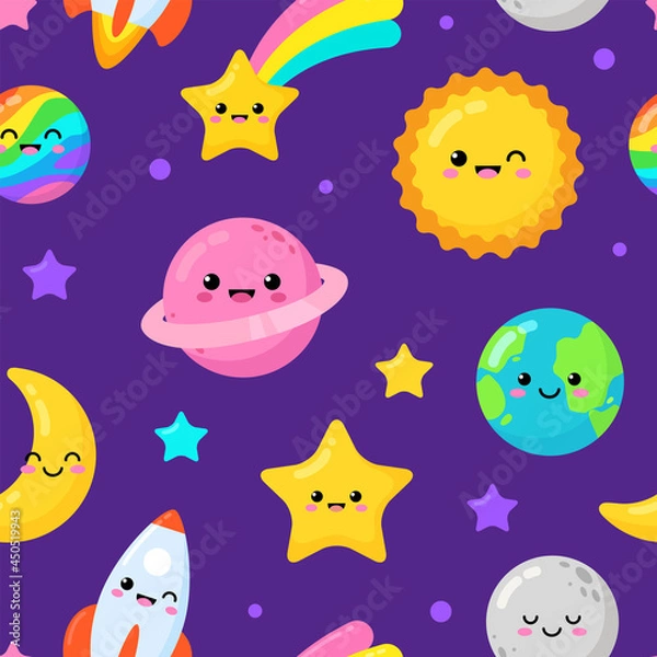 Fototapeta Cartoon seamless pattern of baby sun, Earth planet, fallen star, round moon and more space objects. Cartoon kawaii planets icons of cute characters. Vector children's illustration
