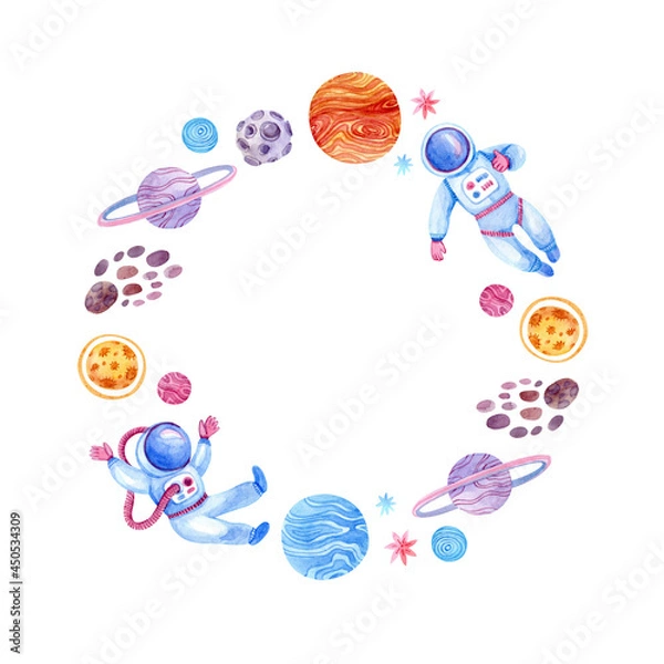 Fototapeta Round watercolor frame with space (planets, stars, astronauts, meteorite, asteroid). Template with space for children's cards, greeting, invitations and more