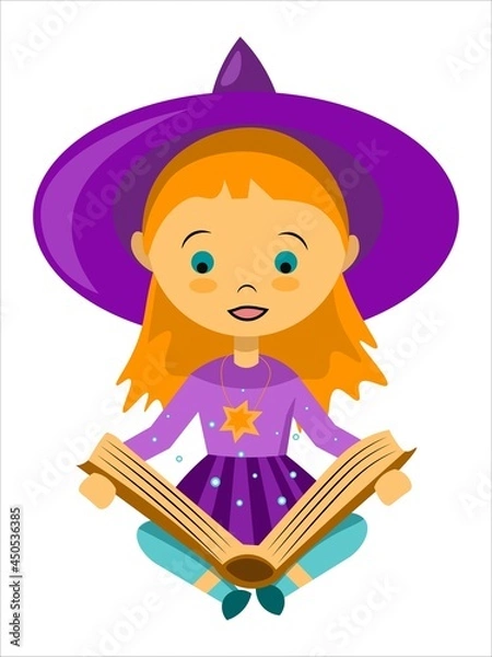 Obraz Vector little witch reading a magic book