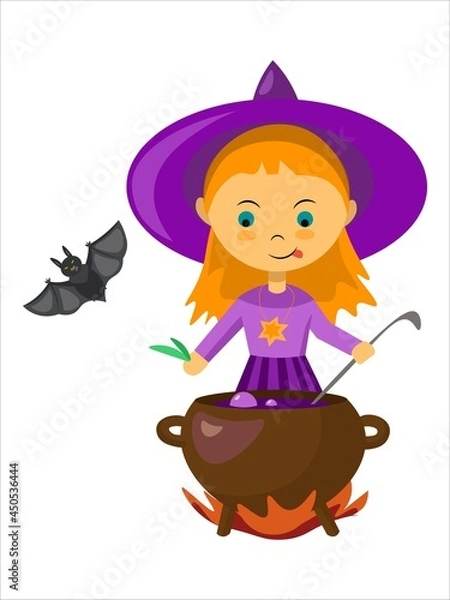 Obraz Vector little witch boiling a portion in a cauldron