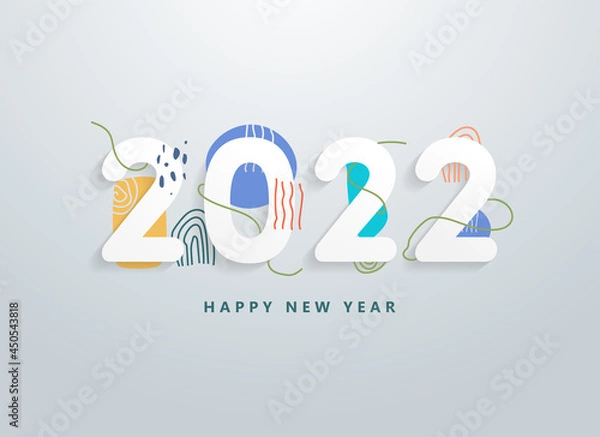 Fototapeta Happy 2022 new year with colorful abstract line shape and texture elements. Greetings and invitations, New year Christmas themed congratulations, cards and banner background. Vector. illustration