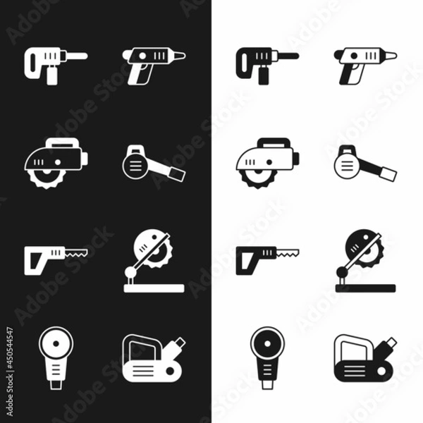 Fototapeta Set Leaf garden blower, Electric circular saw, drill machine, cordless screwdriver, Reciprocating, Table for woodwork, planer tool and Angle grinder icon. Vector