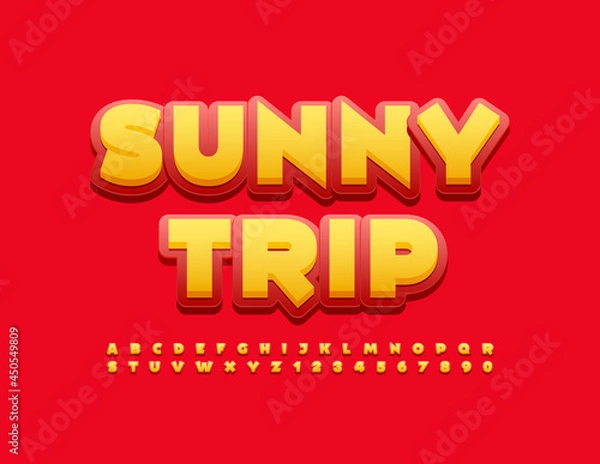 Fototapeta Vector bright emblem Sunny Trip with set of Alphabet Letters and Numbers. Creative trendy Font