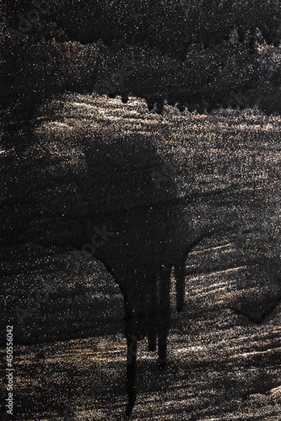 Obraz smudges of black paint on unpainted black metallic background with splashes of metallic sequins, repair concept