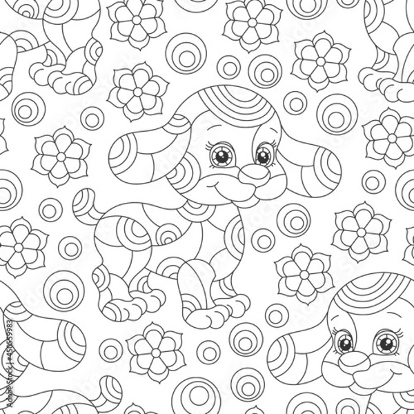 Fototapeta Seamless pattern with dark contour cartoon dogs and flowers in stained glass style on a white background