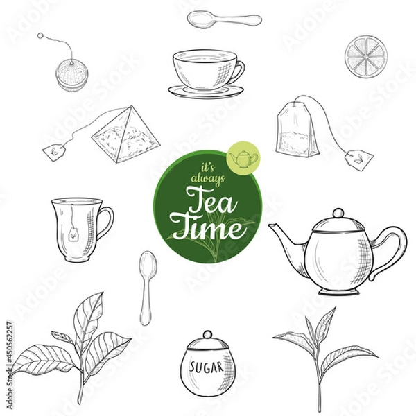 Fototapeta Green and black tea hand drawn ink sketch outline vector set isolated. Kettle, leaves, mug, sugar bowl, spoon, tea bag, lemon slice, strainer. Illustration for cafe, restaurant menu, web and print.