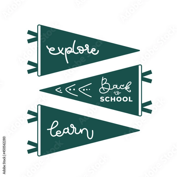 Fototapeta Back to school green pennants. Explore and learn. Vector illustration, flat design