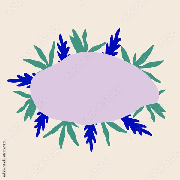 Fototapeta Modern floral abstract wreath in blue, green, lilac colours. Soft background. Hand drawn different tropical leaves. Perfect for greeting card, postcard, social media post, banner.