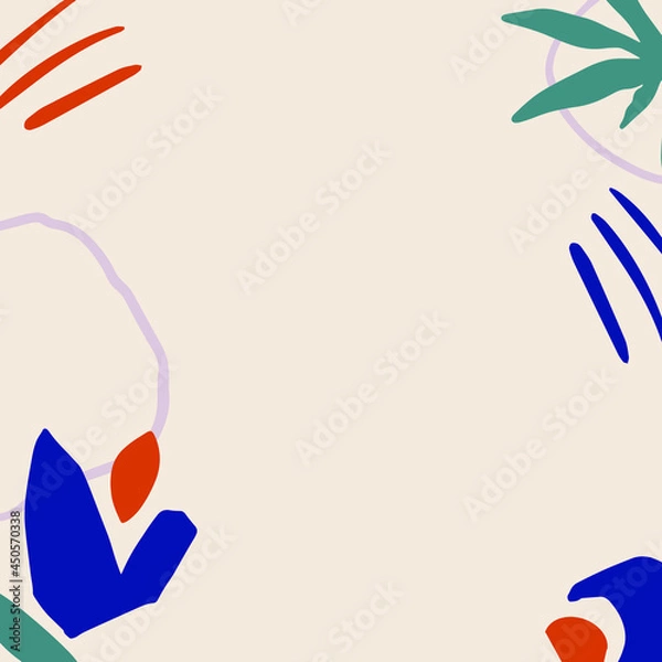 Fototapeta Modern abstract art in blue, green, beige. Gentle square frame with the text place. Plants, floral elements, abstract shapes. Perfect for greeting card, wall art, poster, social media post, banner.