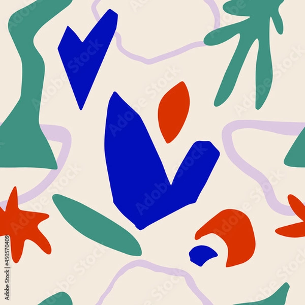 Fototapeta Abstract trendy seamless pattern with crossing silhouettes of different hand drawn shapes in warm earthy colors. Green, dark blue, mustard, beige,  cream. Modern textile, branding, packaging.