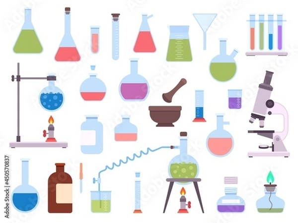 Fototapeta Flat chemistry laboratory glassware equipment for science experiment. Medical lab beaker, test tube, microscope, burner and flask vector set