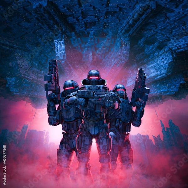 Fototapeta Cyberpunk soldiers city patrol - 3D illustration of science fiction military robot warriorw standing amid rubble in war torn futuristic city with with giant space ship in the sky above