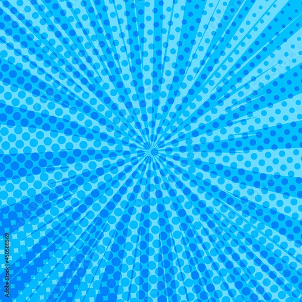 Fototapeta Pop art radial colorful comics book magazine cover. Striped blue digital background. Cartoon funny retro pattern strip mock up. Vector halftone illustration. Sunburst, starburst shape