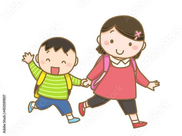Fototapeta 手をつないで登校する幼い姉と弟
