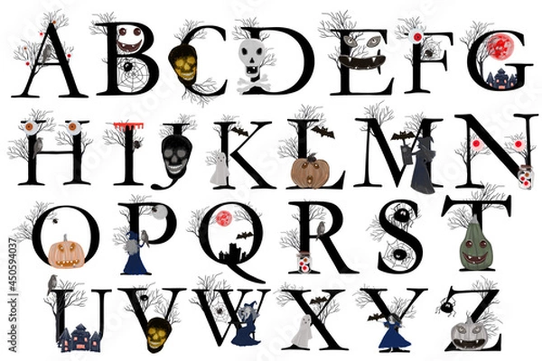 Fototapeta Halloween alphabet. Design for greeting cards, holidays, parties and invitations. Drawing for printing on Halloween. Decoration for the interior.