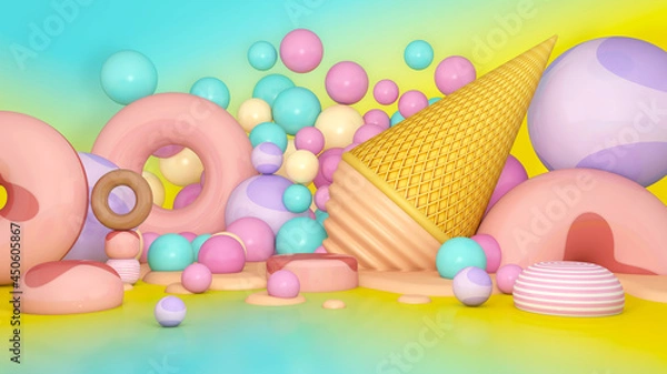 Fototapeta Melted ice cream cartoon on Room floor. Summer time. 3D illustration, 3D rendering